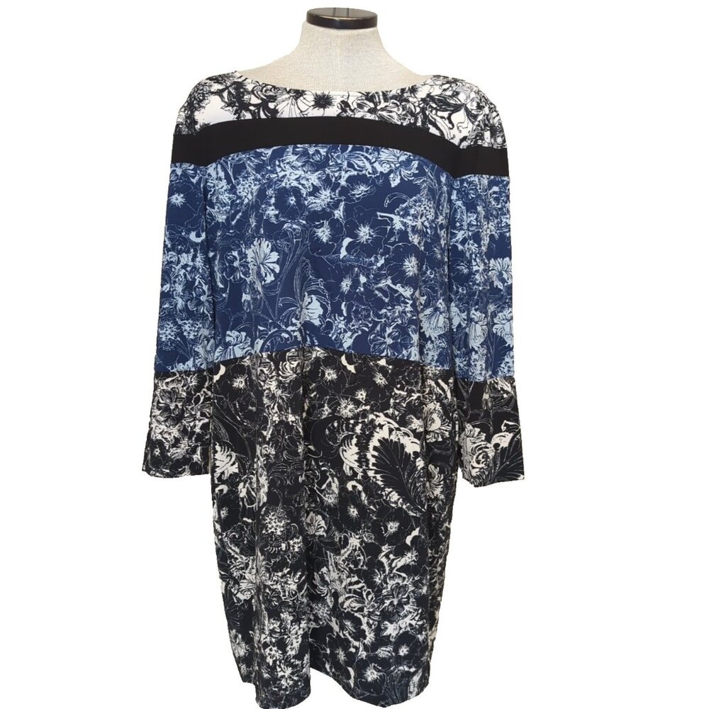 Bcbgmaxazria Dress Womens L Quarter Sleeve Blue White Black Stretchy NWT -lp